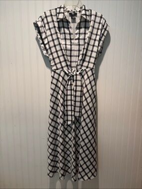 DKNY Black and White Plaid Midi Tie-Waist Dress Size 2